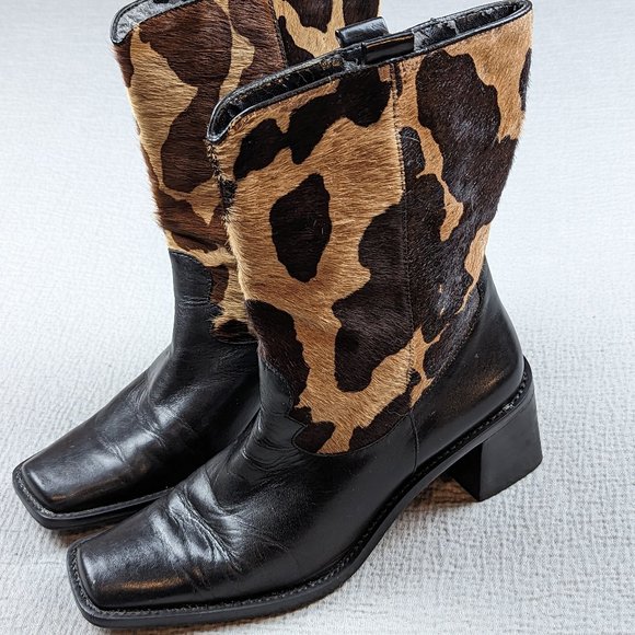 vintage 90s womens Franco Sarto cow print calf hair boots black/tan US 7.5 M - Picture 1 of 7